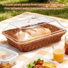 1pcs Imitation Rattan Bread Baskets,13.8''x9.8'' Large Wicker Bread Baskets With Acrylic Lids,Tabletop Food Serving Basket, Fruit Tray, Rattan Food Serving Tray For Kitchens,Dining,Restaurants - 卡其色 - 查看 8