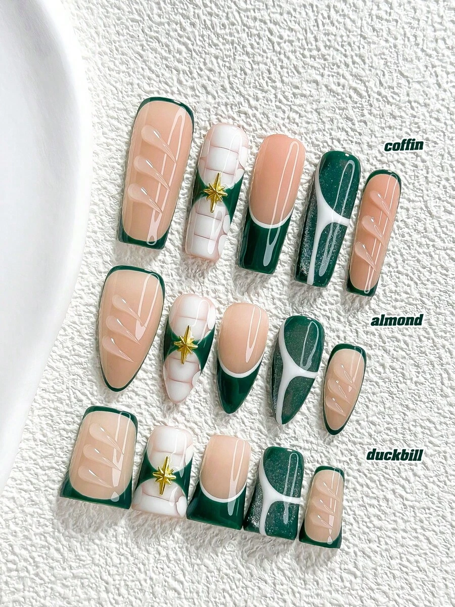 10件精緻手工穿戴式美甲貼片，Polygel美甲套組，星芒與水滴元素，綠色與白色配色，時尚風格，含美甲工具，3種尺寸可選，杏仁/鴨嘴/棺材形，適合派對、跳舞、日常配戴 - 彩色 - 查看 1