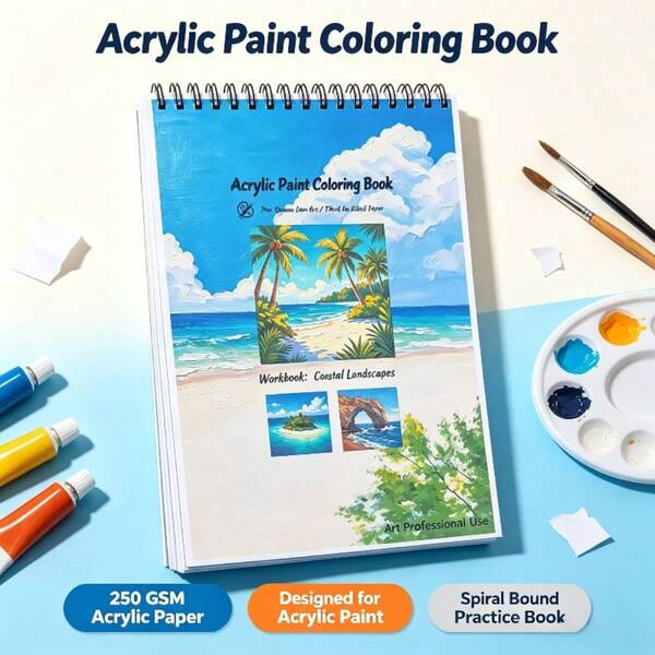 Art Professional Acrylic Paint Coloring Book, 16 Coastal Landscape Patterns, Pre-Drawn Line Drawing Workbook, 250GSM Thick Anti-Bleed Paper, Double-Sided Usable Spiral Bound Sketch Notebook For Adult Beginner Painters