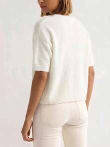 Women's V-Neck Solid Color Ribbed Short Sleeve Autumn Minimalist Casual Elegant Versatile Knit Pullover Sweater, Soft Comfortable Daily Wear - White - View 3