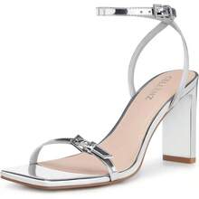 Strappy Women High Heels: 3.4 Inch Sexy Wide Heel Sandals, Square Open Toe Heeled, Comfortable Prom Party Wedding Shoes - 8 + Silver - View 2