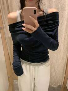 女款韓式簡約 2 合 1 百褶長袖 T 恤休閒款 - 藏青色 - 查看 2