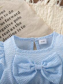 Body a rayas para bebé niña de otoño/invierno con mangas volantes y lazo grande, conjunto versátil para salir para bebés y niños pequeños, incluye sombrero para el sol, regalo de vacaciones de primavera/otoño para recién nacidos - Celeste - Ver 6