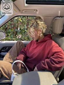 女款酒紅色寬鬆大尺寸連帽長版運動衫，美式復古學院風甜美落肩套頭運動上衣，薄款春/秋季疊穿休閒上衣 - 酒紅色 - 查看 1
