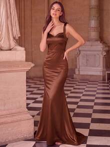 Basrey Đầm dạ hội đuôi cá cạp cao màu nâu với dây đeo cổ hình trái tim, thích hợp làm váy phù dâu cho lễ tốt nghiệp, tiệc cưới trang trọng mùa xuân. - màu nâu - Xem 4