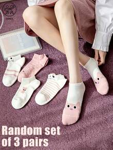3 Pairs Random Assortment Japanese Sweet Style Striped Polka Dot Cartoon Cat & Rabbit Short Socks, 3D Ear Design, Breathable Comfortable Cotton Socks For Commuting And Casual Wear - Multicolor - View 8