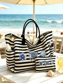 1/2 Piezas Juego de Bolsa de Mano a Rayas y Bolsa de Cosméticos con Patrón de Tortuga. Una Bolsa de Playa Espaciosa y Elegante con un Diseño Simple pero de Moda. - Multicolor - Ver 3