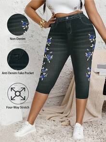 Plus Size Women's Denim Effect Print Capris, Decorated With Floral Pattern And Faux Pockets, Medium Stretch Slim Fit Vacation Summer - Multicolor - View 1