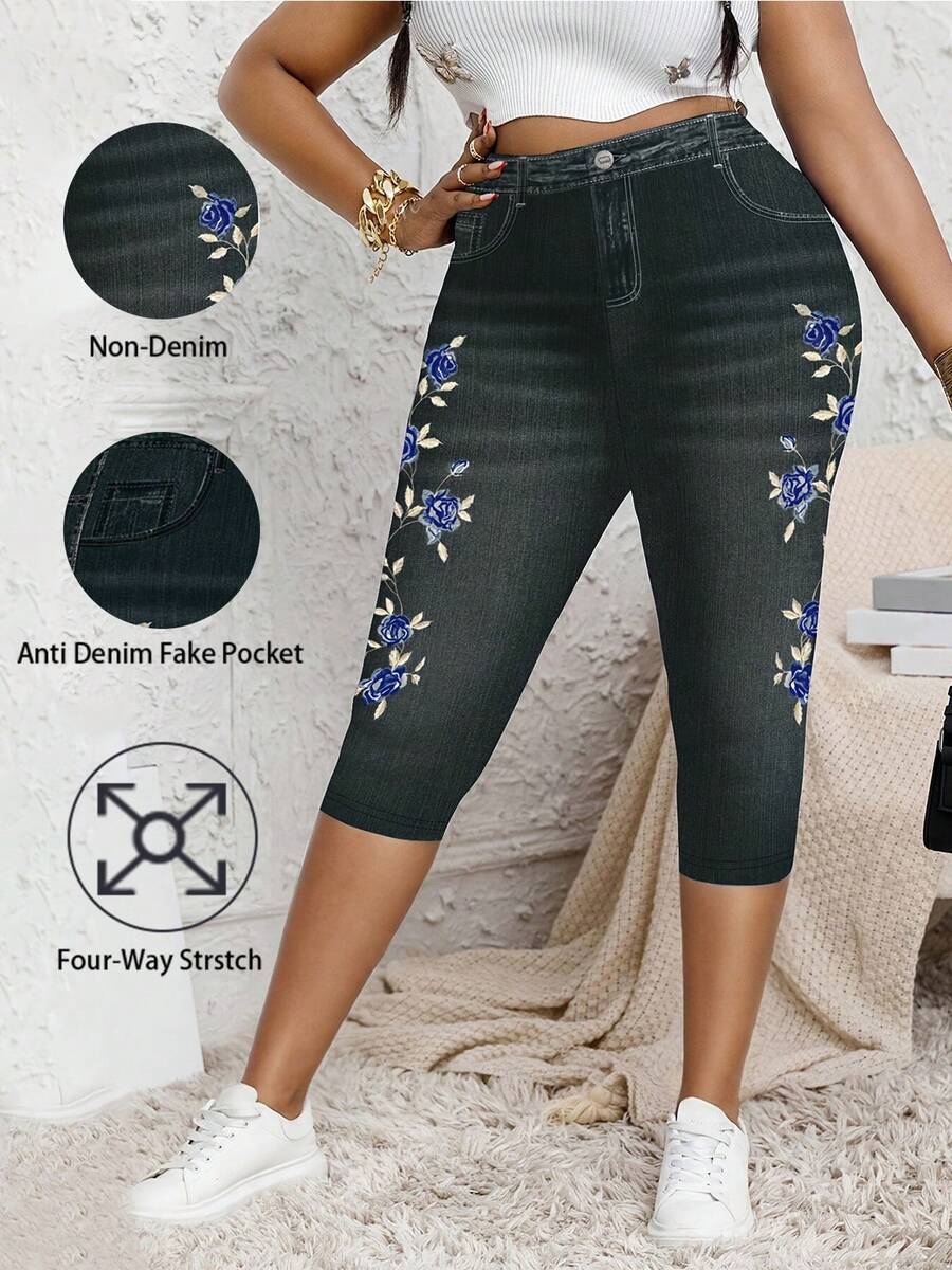 Plus Size Women's Denim Effect Print Capris, Decorated With Floral Pattern And Faux Pockets, Medium Stretch Slim Fit Vacation Summer - Multicolor - View 1