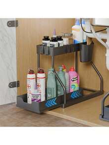 1/2pcs 2-Tier Black/White Under Sink Storage Organizer Rack, Sliding Drawer Multi-Function Storage Shelf, Bathroom Kitchen Under Sink Storage Rack - Multicolor - View 5