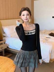 Autumn/Winter Casual Korean Sweet Style Square Collar Striped Bow Knit Sweater, Warm Gentle Elegant Versatile Base Layer Black - Black - View 8
