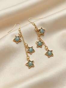 1 Pair Vintage Elegant Bohemian Style Tassel Star Pendant Earrings With Labradorite Texture Stickers, Suitable For Women's Daily, Party, Travel Wear Jewelry Gift - Yellow Gold - View 4