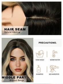 7JHH WIGS Short Wavy Dark Brown Wig Mixed Beige Highlight Wigs For Women 14 Inch Shoulder Length Bob Curly Middle Part Wigs, Natural Synthetic Heat-Resistant Fiber Hair For Daily Cosplay Party Use - Multicolor - View 6