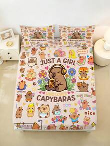 2/3 Peças Conjunto de Lençol de Cama com Estampa Fofa de Capivara, Roupa de Cama com Estampa de Animal Fofo, Bolso Profundo de 30cm para Crianças, Adolescentes, Adultos, Meninos e Meninas, Quarto - Multicolorido - Visão 4