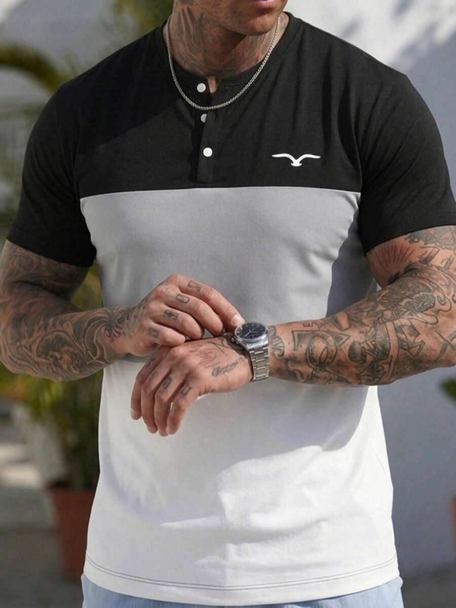 Men's Summer Fashion Versatile Black Grey White Colorblock Goose Print Button Short Sleeve T-Shirt - Multicolor - View 1
