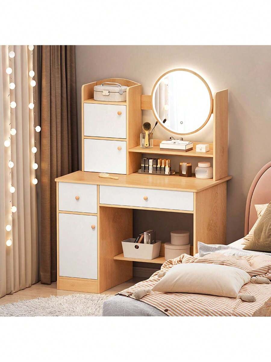 Vanity Desk With Mirror, LED Lights Makeup Dressing Table With 2 Drawers, 3 Shelves, And 3 Storage Lockers, Dressing Table For Bedroom, Dressing Room (White, Pink, Brown) - 棕色 - 查看 1