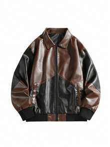 Men's Spring/Autumn Fashion Casual Daily Wear Fitted Lapel PU Leather Jacket - Brown - View 2