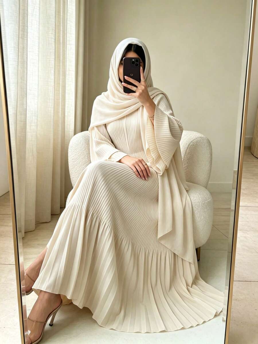 عباية ماكسي مطوية محتشمة للنساء، فستان إسلامي فضفاض برقبة دائرية وكشكشة وأكمام طويلة واسعة، ملابس كاجوال يومية لجميع الفصول - متعدد الألوان - مشاهدة 1