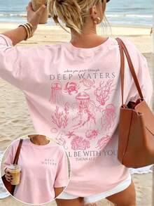 Cute Marine Life Print Women's Loose T-Shirt, Round Neck Short Sleeve Summer Top, Vintage Street Style Washed Cotton Graphic Tee For Vacation Daily - 粉色 - 查看 11