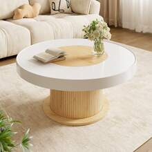 Round Coffee Table With Grooved Cylindrical Base, Table With Two-Tone White And Wood Color Tabletop Made Of MDF And PVC, Living Room Table, Compact Side Table For Small Apartments. - Natural Wood + White - View 1