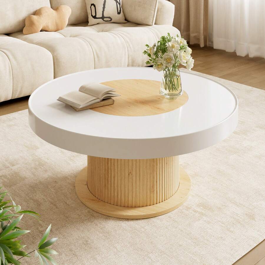 Round Coffee Table With Grooved Cylindrical Base, Table With Two-Tone White And Wood Color Tabletop Made Of MDF And PVC, Living Room Table, Compact Side Table For Small Apartments. - Natural Wood + White - View 1