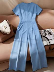 Women's New Solid Color Cutout Pocket Wide Leg Jumpsuit, Suitable For Daily, Office, Vacation In Spring & Summer - Recommend Sizing Up One Size For Slim Fit - Blue - View 5