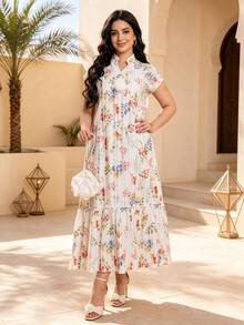 Heavy Print Arabic Women's 2026 New Summer Beige Elegant Dress, JALABIYA Small Stand Collar With V-Neckline, Summer Casual Travel Outfit - Beige - View 2