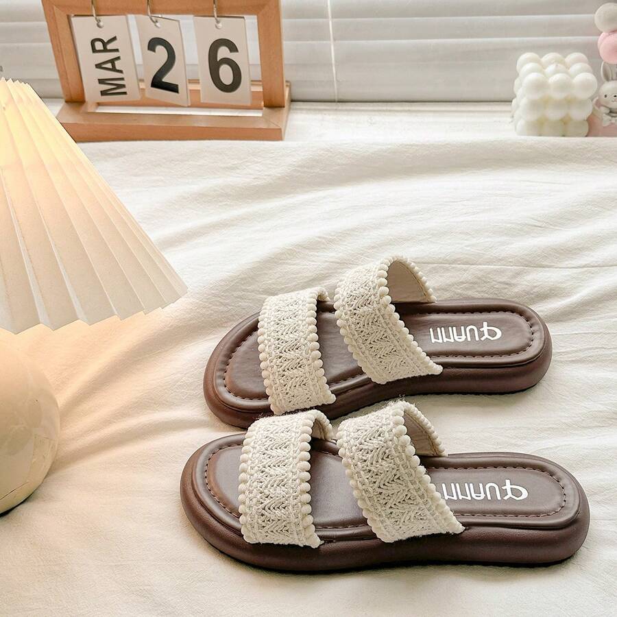 Women's Thick Sole Platform Outdoor Slippers, Minimalist Summer New Breathable Beach Slides, - Beige Line - View 1