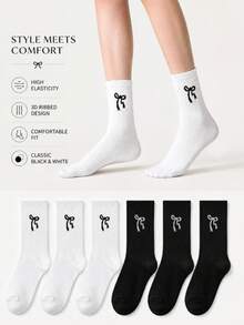 20/10/5/1 Pair Women's Bow Pattern Knitted Short Socks, Soft Elastic, Breathable Casual Mid-Calf Socks, Suitable For Daily Wear, Black And White Classic Aesthetic Socks, Y2K Balletcore Street Style Socks - Multicolor - View 5