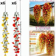 12Pcs Orange Artificial Hanging Morning Glory Vine, Realistic Fake Floral For Fall, Thanksgiving & Halloween Decor, Weatherproof Fake Flower For Indoor Outdoor Wall Porch Garden Home Ornament - Orange - View 2