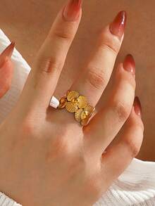 1/2pcs Stainless Steel 18K Gold Plated Minimalist Flower Ring, Suitable For Women's Daily And Party Wear - Multicolor - View 3