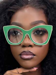 1PC Women's Retro Cat Eye Contrast Color Y2K Sweet Cool Style Fashion Street Plain Lens Glasses Frame - Clear - View 8