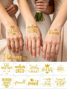 10 pièces Autocollants de tatouage temporaire doré métallique, tatouages de bras brillants et imperméables pour enterrement de vie de jeune fille, douche nuptiale, cadeaux de demoiselle d'honneur de mariage, accessoires de vacances, cadeaux de décoration artisanale, ensemble de fête - Doré - Voir 10
