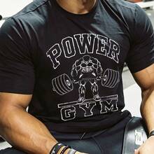 Men's Strength Gym Barbell Print Short Sleeve Crew Neck Fitness T-Shirt Sports Black Summer - Black - View 2