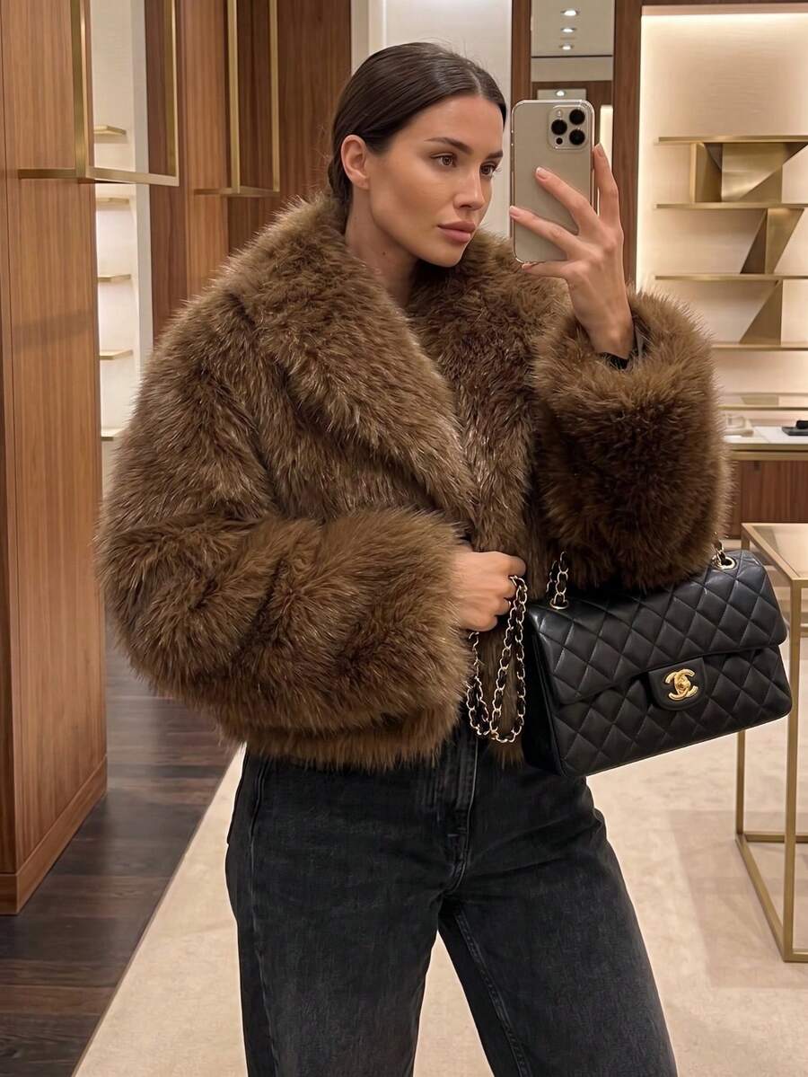 New Autumn Plus Size Winter Faux Fox Fur Collar Fashion Short Jacket, Young People's Faux Fur Coat - Coffee Brown - View 1