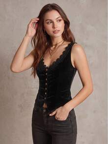 Áo tank top nhung cổ chữ V dành cho nữ, thiết kế ren và cúc, áo tank top nhung casual cho kỳ nghỉ, màu đen, mùa hè. - màu đen - Xem 6