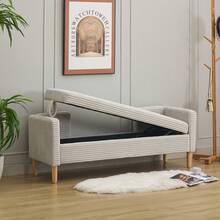 Velvet Storage Bench With Arms - Ideal For Living Room, Entryway And Bedroom - Ivory - 灰色 - 查看 9
