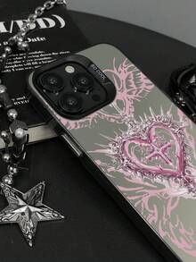 1pc Pink Thorn Heart Cross Skull Wing Pattern IMD Gradient Matte Laser Raised Lens Frame Anti-Drop Full Coverage Hard Shell Phone Case Without Lanyard Compatible With All Apple Models, Y2K Dark Gothic Sweet Cool Niche Hot Girl Ins Style Phone Protective Cover - Silver - View 4