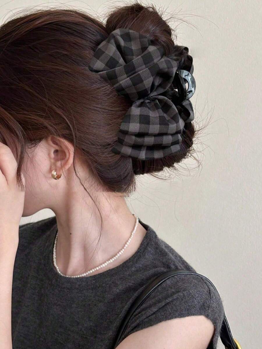 1pc Women's 14cm/5.51in Solid Color Plaid Large Bow Hair Clip, Elegant Fashion Claw Clip, Suitable For Daily Use Summer Hair Accessories