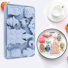 Halloween Theme Silicone Baking Molds: Includes Classic Holiday Shapes Like Pumpkin Lantern, Bat, Spider, Witch Hat, Tombstone, Haunted House, Mummy And More 3D Designs, Suitable For Making Chocolate, Candy, Pudding, Cookies Or Cake Decorations. Made Of Silicone Material, Wide Temperature Range, Easy To Demold And Dishwasher , Ideal Tool For Holiday Parties And Creative Desserts. - Baby Blue - View 2