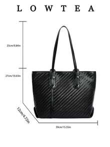 Low Tea 1 pezzo Borsa a spalla in tessuto PU tinta unita, borsa tote casual da donna con grande capacità, motivo all-over, design con doppia maniglia, chiusura con cerniera, adatta per viaggi, shopping, appuntamenti, regalo per donne, adatta per ragazze adolescenti, studentesse universitarie, principianti e impiegati, perfetta per ufficio, campus, lavoro, affari, pendolarismo, attività all'aperto, viaggi, uscite - nero - Visualizzare 2