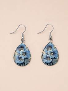 1 Pair Elegant Blue Pearl Floral Pattern With 316 Stainless Steel Water Drop Ear Hooks, Suitable For Women's Daily Wear - Blue - View 7