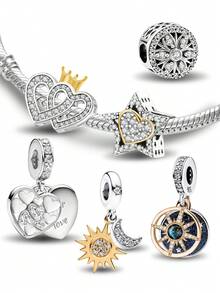 1 Fashionable 925 Sterling Silver Crown Double Heart Bead, Suitable For DIY Jewelry Making Of Women's Bracelets And Bangles, Daily Outfit Matching - Set 1 - View 2