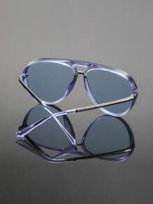 1 Pair Men's Blue Double Bridge Aviator Fashion Sunglasses, Refreshing Minimalist Mature Style Versatile Sunglasses, Suitable For Daily Commute, Business Office, Outdoor, Street, Travel, Vacation, Driving - Transparent Blue Film - View 4