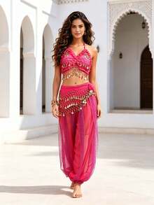 Belly Dance Tassel Coin Sequin Halter Neck Crop Top With Waist Scarf, Polka Dot Mesh Sheer Harem Pants, Suitable For Morocco Riad Vacation And Stage Performance - Multicolor - View 16