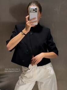 女款標準版短版西裝外套，短袖商務休閒西裝夾克，適合畢業典禮 - 黑色 - 查看 2