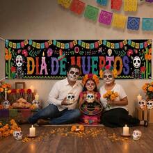 1 Piece, Mexican Day Of The Dead Courtyard Banner, Polyester Material, Skull Cactus Pattern, Suitable For Indoor And Outdoor Garden Porch Lawn Decoration Door Flag, Various Styles To Choose From. - Multicolor - View 6