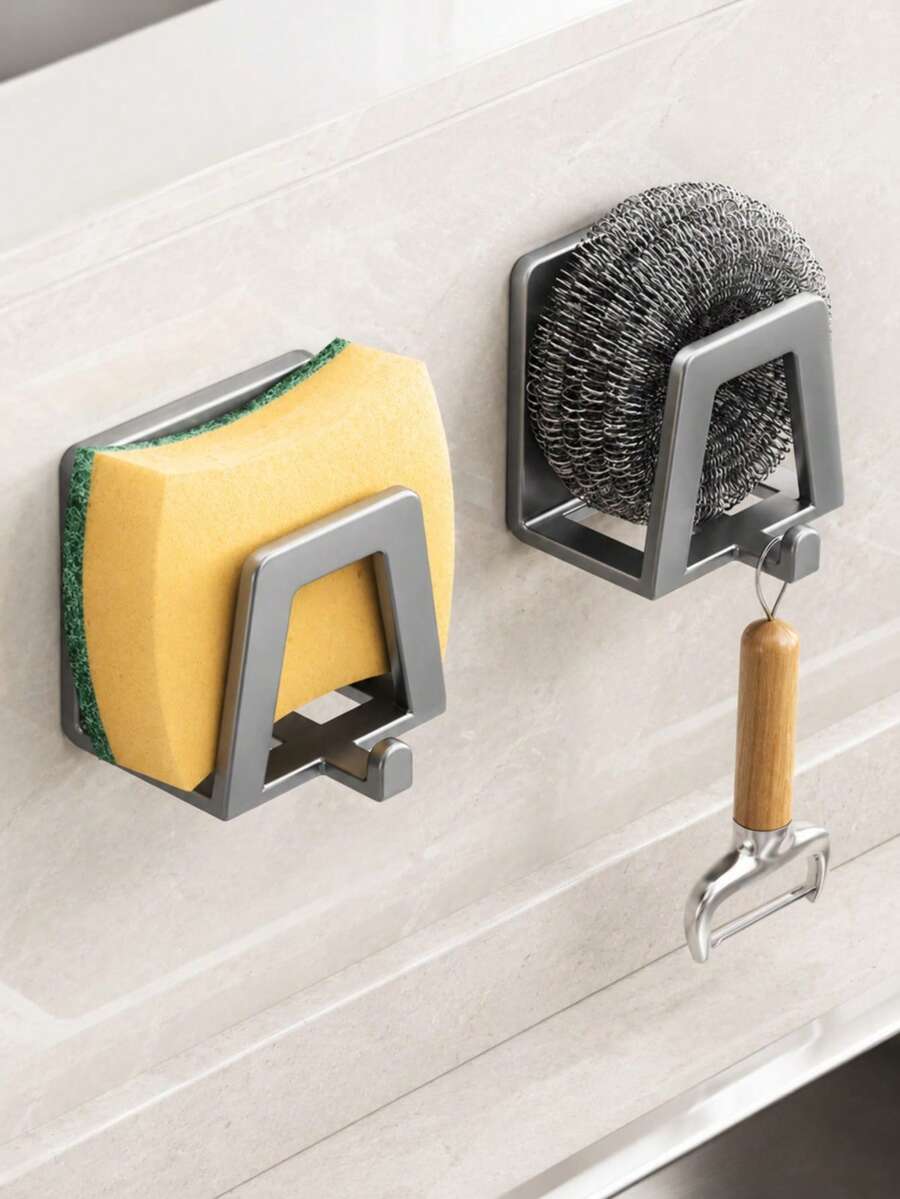 No-Drill Self-Adhesive Sponge Drain Rack With Bottom Multi-Function Hooks, Wall-Mounted Stainless Steel Sink Organizer For Summer Kitchen Countertop