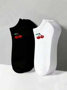 1/5/10/20 Pairs Women's Cherry Pattern Black & White Boat Socks, Sweet Breathable Invisible Socks, Suitable For Daily Wear, Sports, Home, All Seasons - Black and White - View 1
