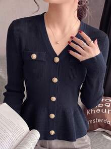 Navy Blue Knitted Cardigan Women's Autumn/Winter New Style Gold Button Waist-Cinched Ruffle V-Neck Sweater Jacket Elegant Commuter Slimming Fall - Navy Blue - View 6